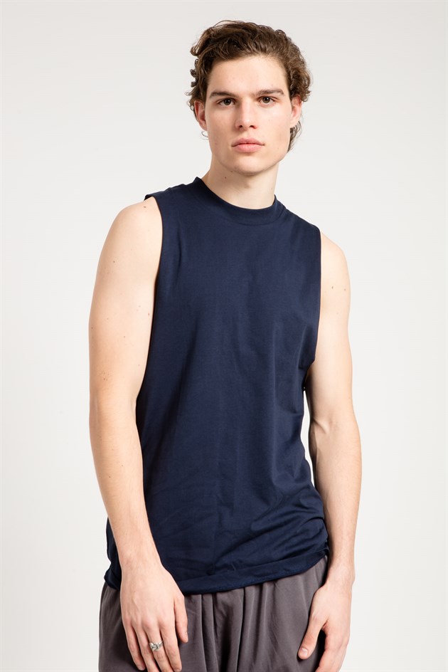 Sleeveless T-shirt with Extreme Dropped Armhole in Navy Blue