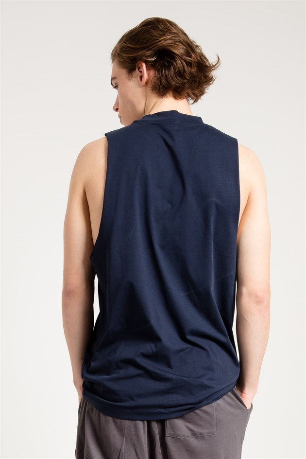 Sleeveless T-shirt with Extreme Dropped Armhole in Navy Blue
