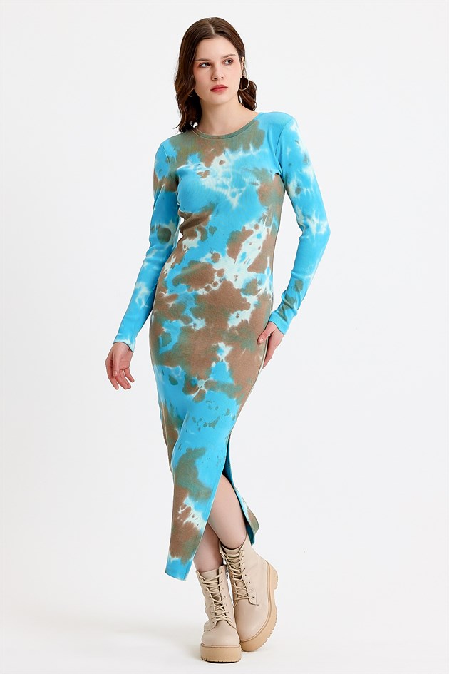 Mavi Batik Yıkamalı Yırtmaçlı Bodycon Elbise