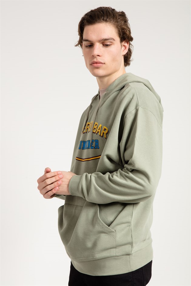Oversized Printed Hoodie in Green with Pouch Pocket