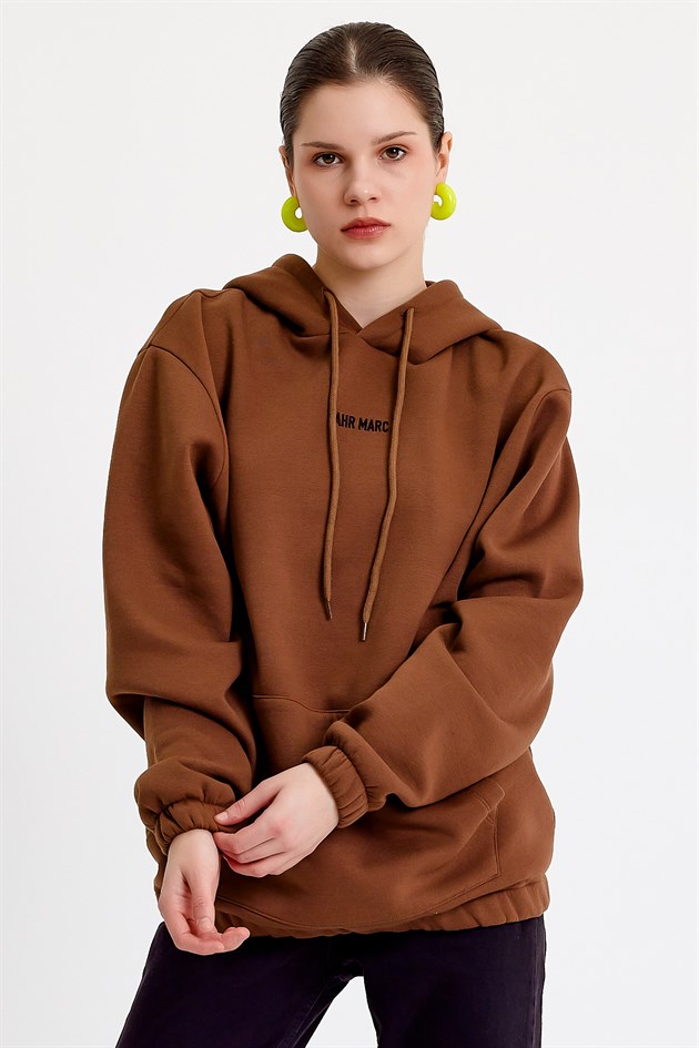 Nakışlı Kahverengi Oversize Kapüşonlu Kadın Sweatshirt