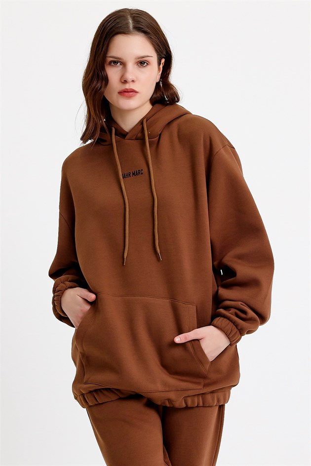 Nakışlı Kahverengi Oversize Kapüşonlu Kadın Sweatshirt