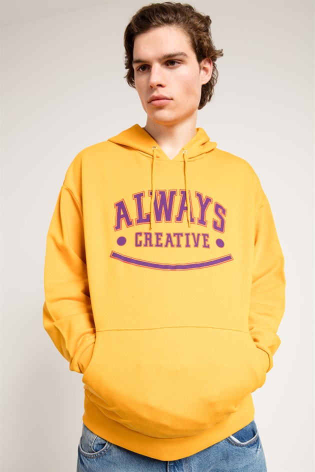 Oversize Baskılı Sarı Erkek Kapüşonlu Sweatshirt