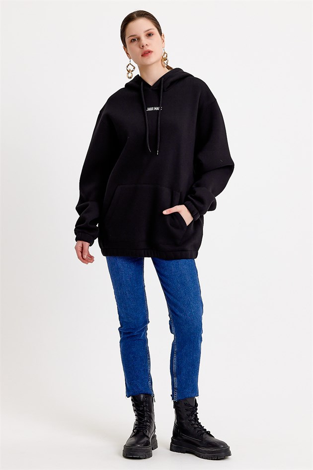 Oversize Nakışlı Siyah Kadın Sweatshirt