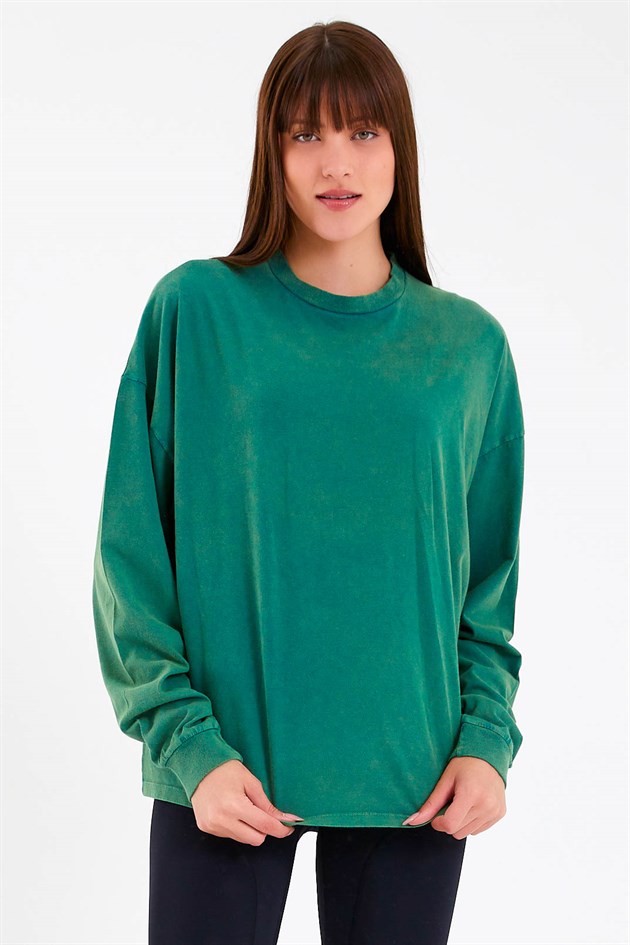 Oversize Yeşil Uzun Kollu Kadın T-shirt