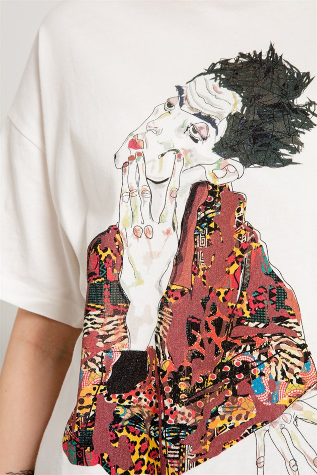 Özel Tasarım Egon Schiele Baskılı Oversize Beyaz T-shirt