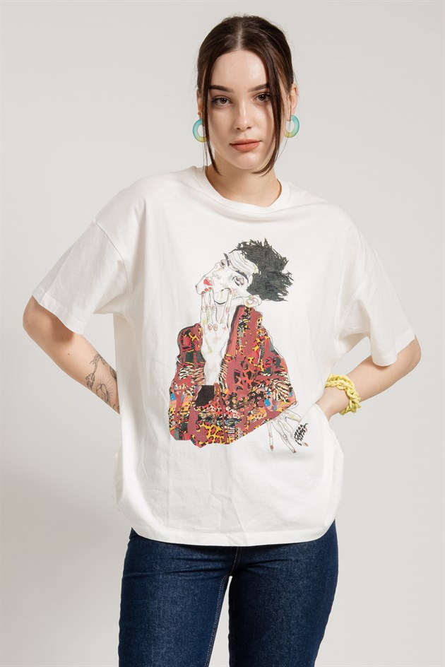 Özel Tasarım Egon Schiele Baskılı Oversize Beyaz T-shirt