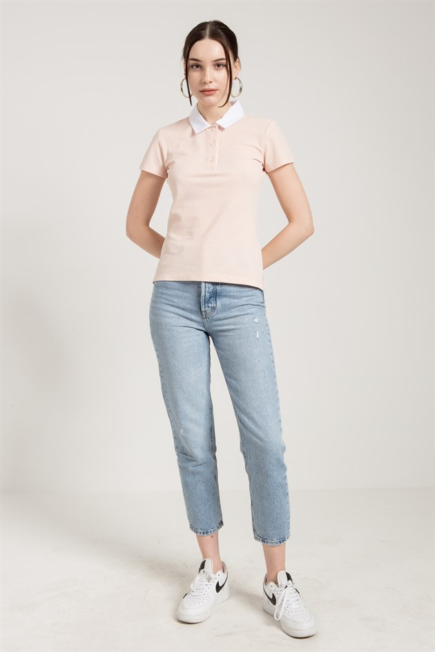Pembe Slim Fit Klasik Düz Kadın Polo Yaka T-shirt