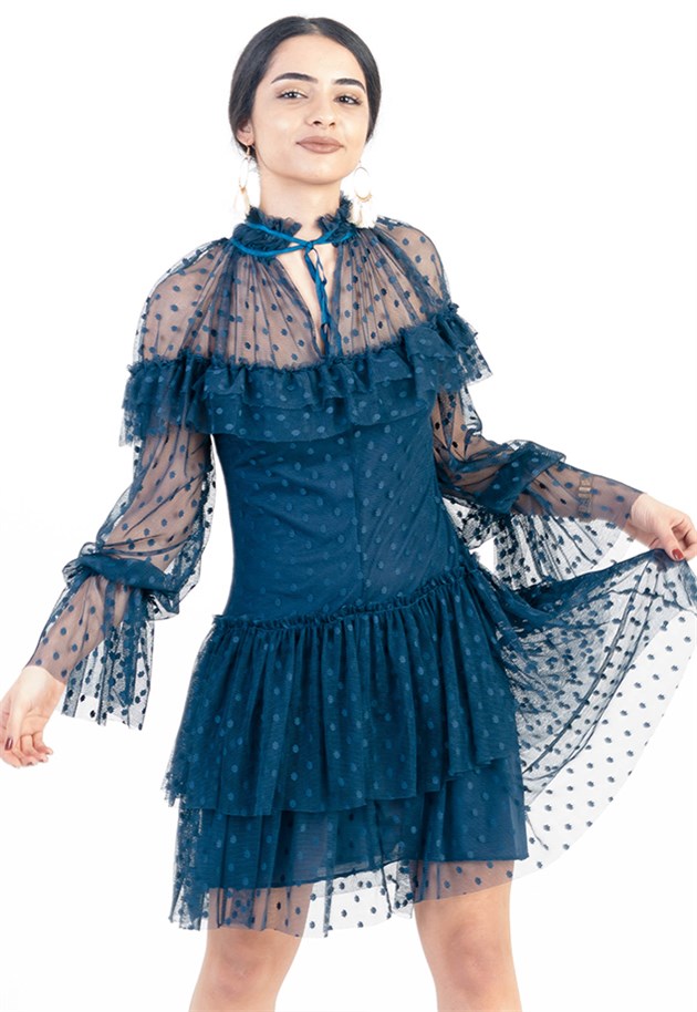 Flare Detailed Dress in Blue with Sheer Polka Dot