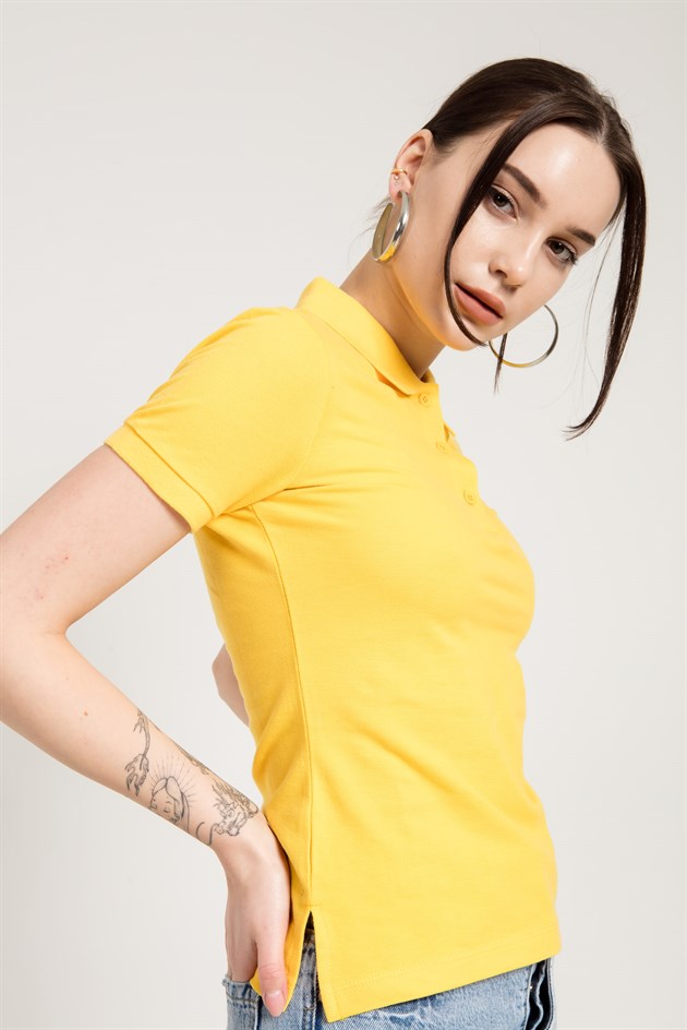 Sarı Klasik Düğmeli Kadın Polo Yaka T-shirt