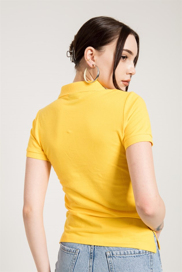 Sarı Klasik Düğmeli Kadın Polo Yaka T-shirt