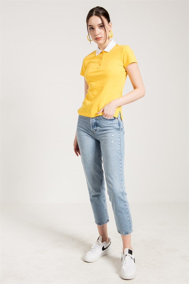 Sarı Klasik Kontrast Polo Yaka T-shirt