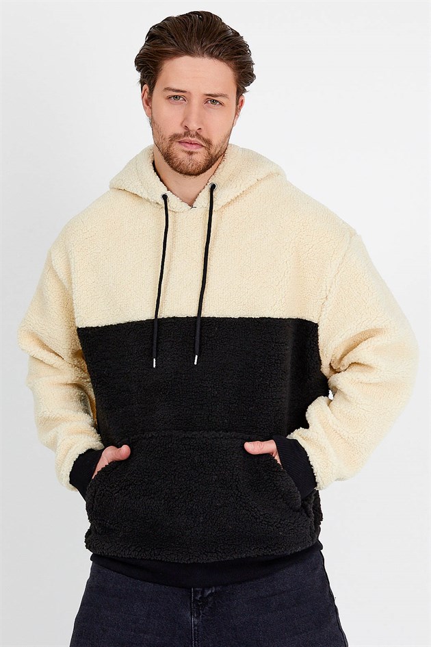 Color Block Teddy Bear Sweatshirt in Black with Hood