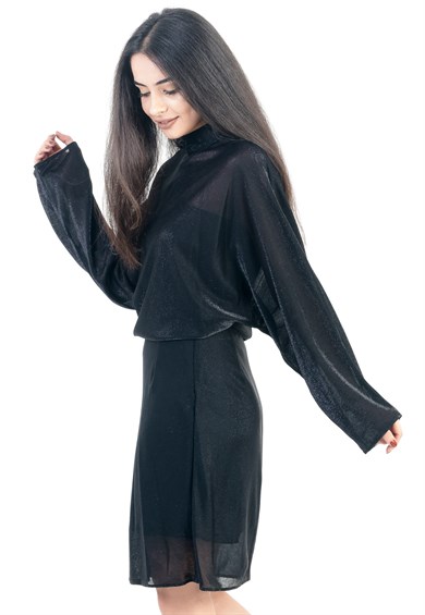 Midi Dress in Glitter Black with High Neck