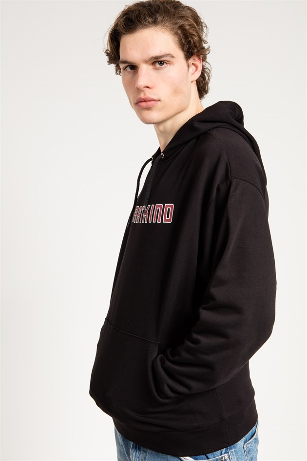 Oversized Printed Hoodie in Black with Pouch Pocket