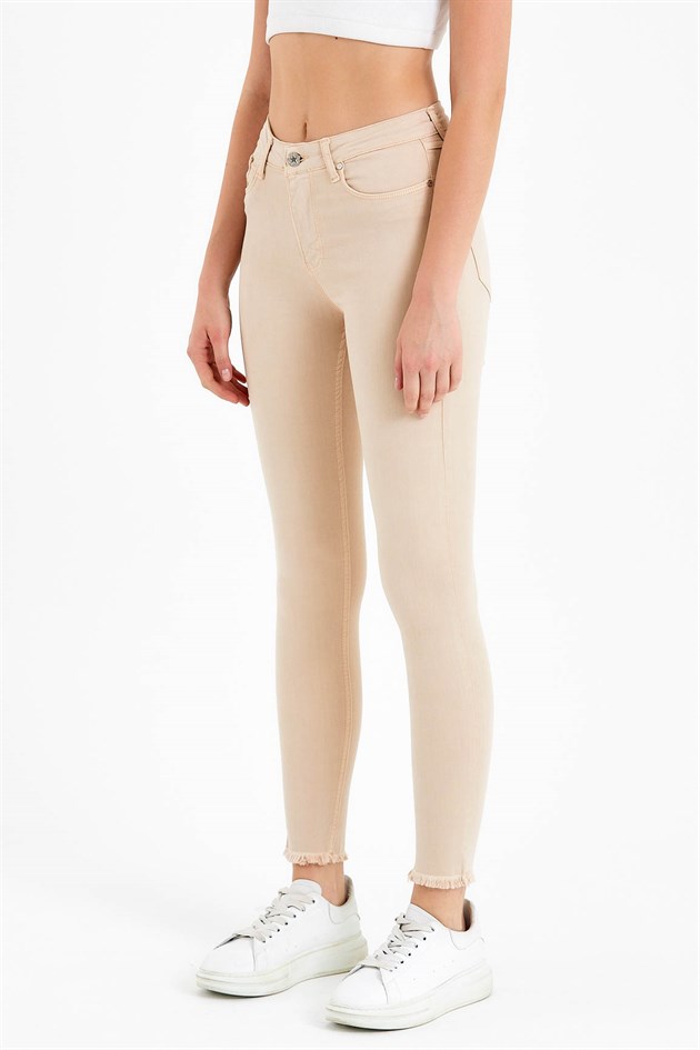 Süper Skinny Fit Yüksek Bel Krem Jean