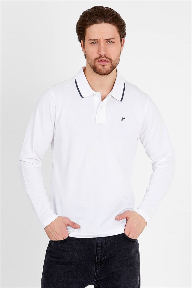 Polo Collared T-shirt in White with Long Sleeves