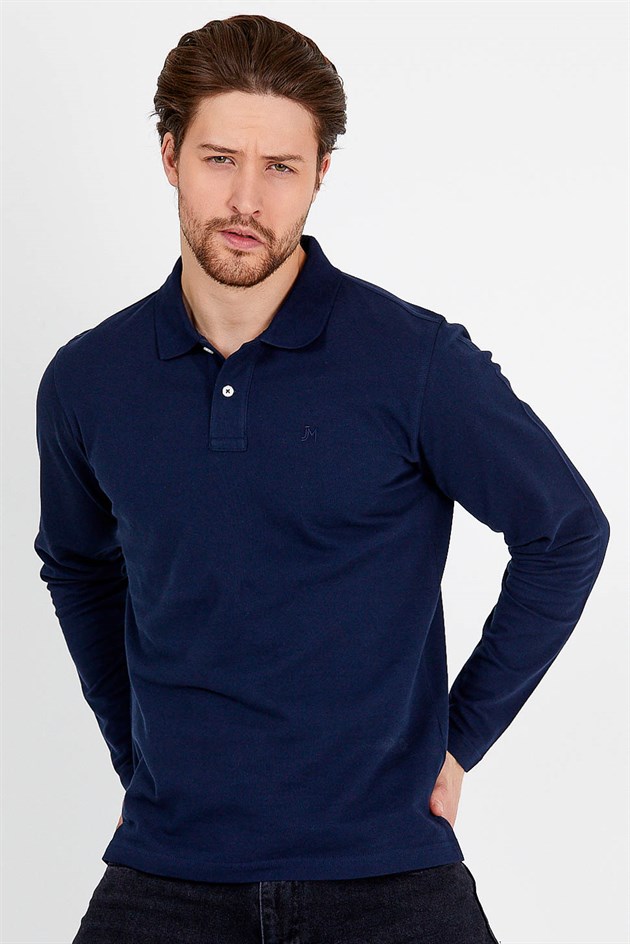 Polo Collared T-shirt in Navy with Long Sleeves