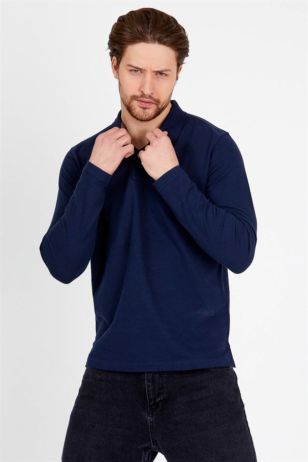 Polo Collared T-shirt in Navy with Long Sleeves