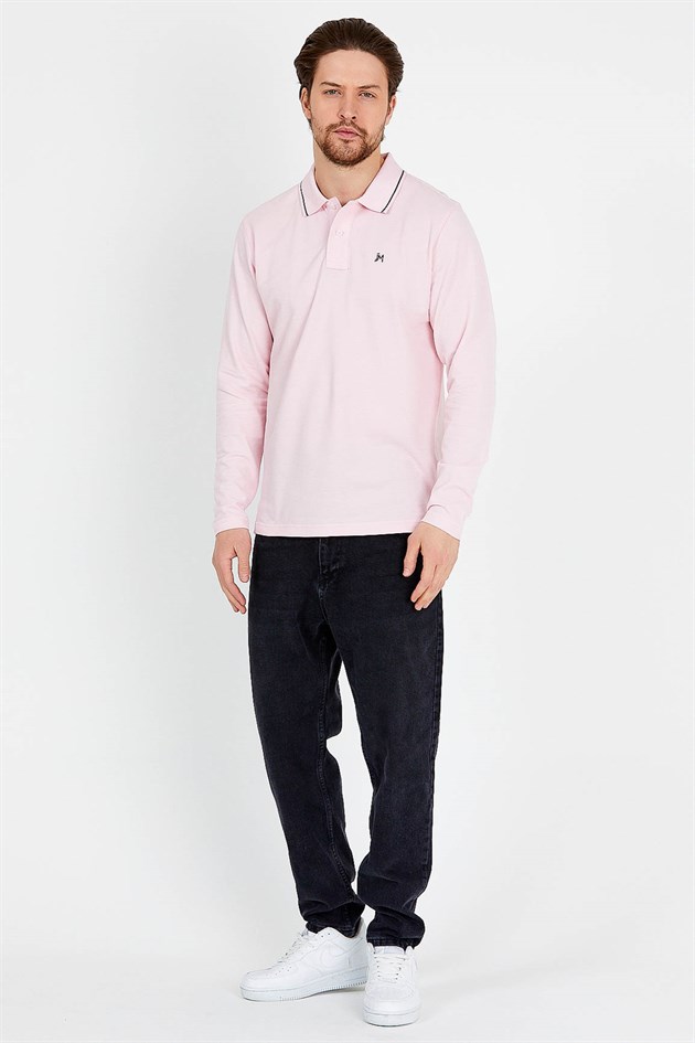 Polo Collared T-shirt in Pink with Long Sleeves