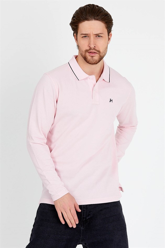 Polo Collared T-shirt in Pink with Long Sleeves