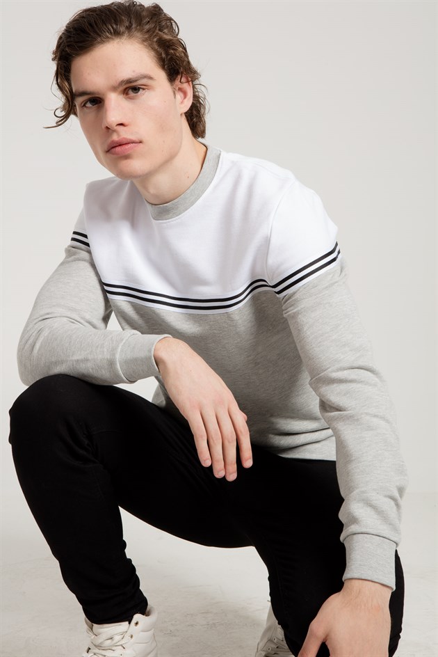 Crewneck Sweatshirt in Grey with Color Blocking in White