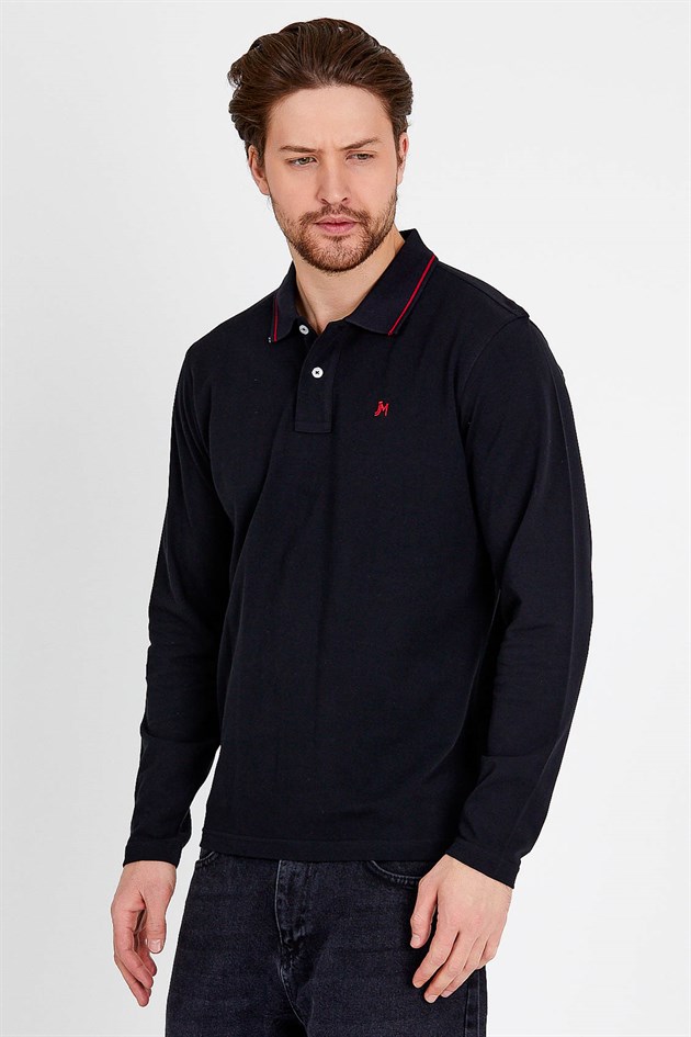 Polo Collared T-shirt in Black with Long Sleeves