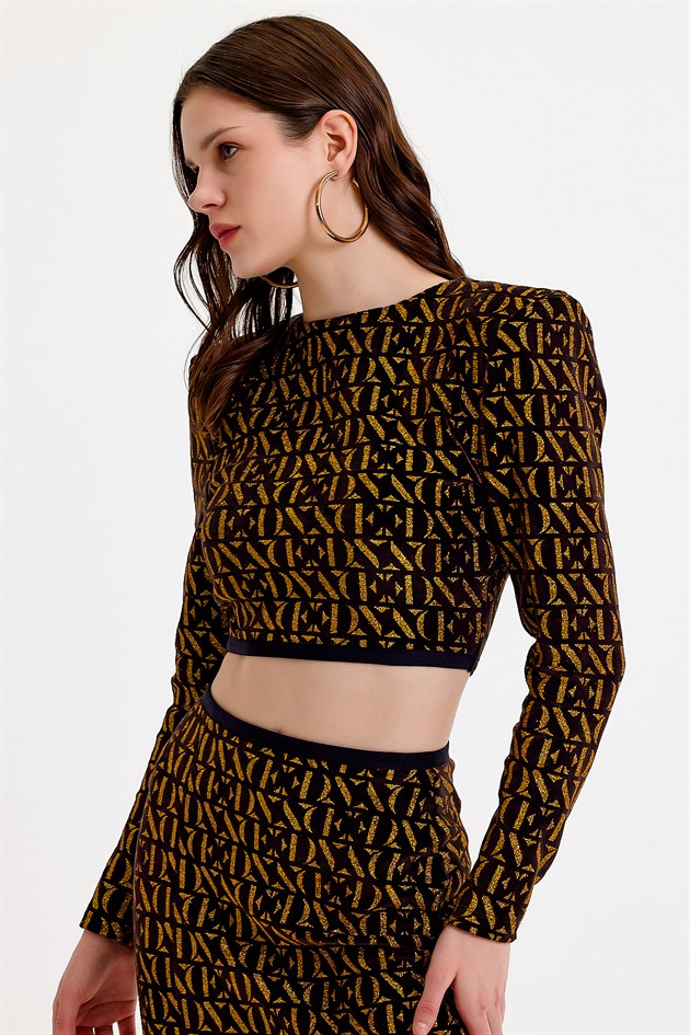 Vatkalı Simli Baskılı Siyah Kadife Crop Fit Bluz