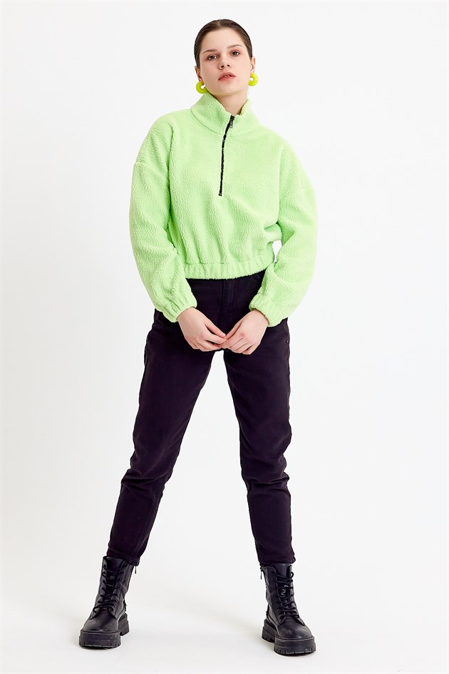 Yeşil Dik Yaka Crop Fit Kadın Peluş Sweatshirt