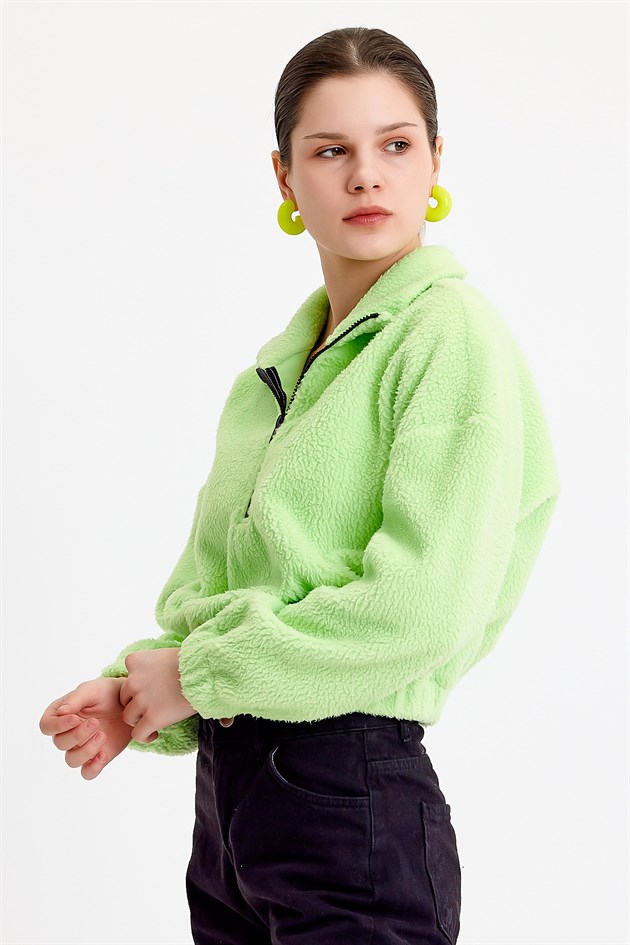Yeşil Dik Yaka Crop Fit Kadın Peluş Sweatshirt