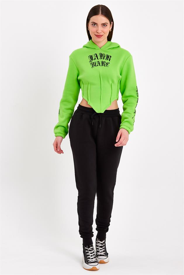 Yeşil Korse Detaylı  Baskılı Crop Fit Kapüşonlu Sweatshirt