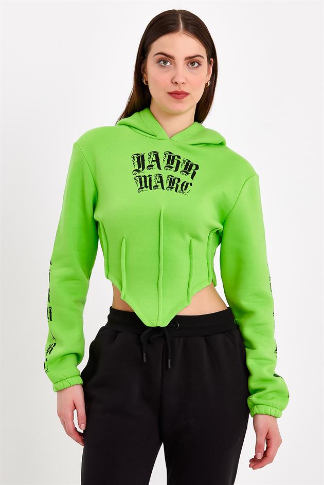 Yeşil Korse Detaylı  Baskılı Crop Fit Kapüşonlu Sweatshirt
