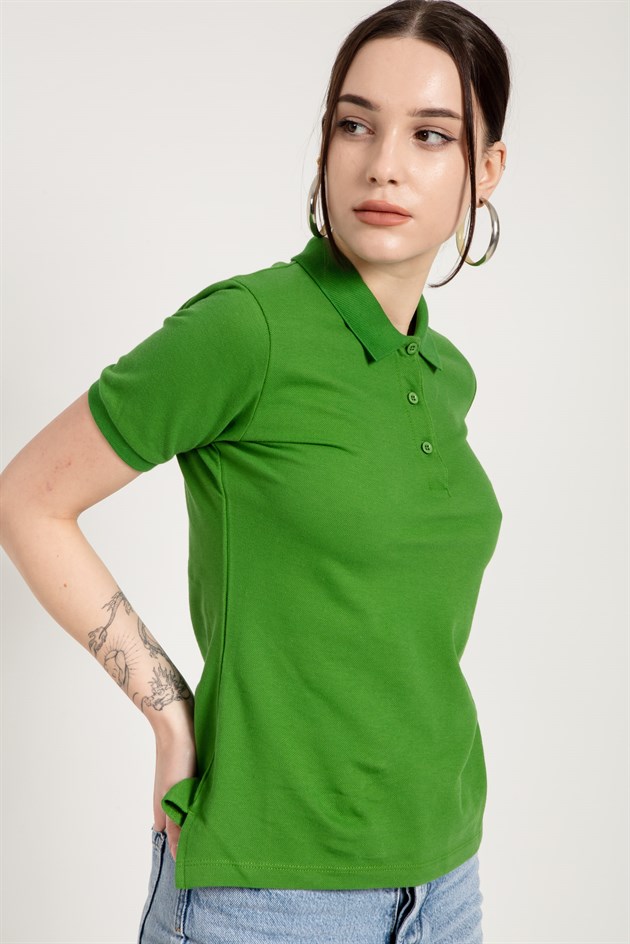 Yeşil Slim Fit Klasik Düğmeli Kadın Polo Yaka T-shirt