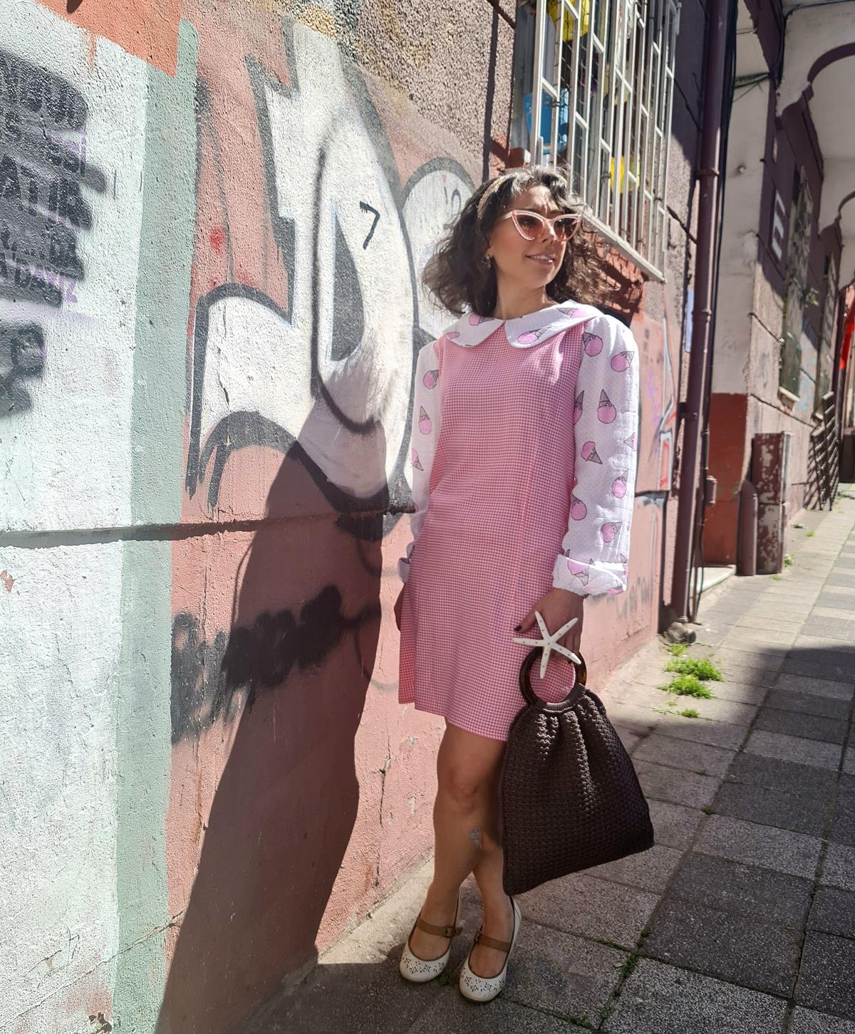 Dondurma Desenli Pamuk Pembe Bebe Yaka Elbise