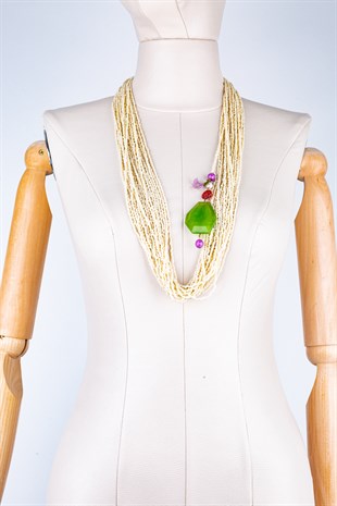 Beyaz Taşlı Uzun Kolye