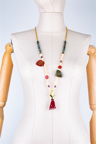 Doğal Taşlı Incili Uzun Kolye