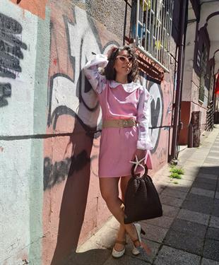 Dondurma Desenli Pamuk Pembe Bebe Yaka Elbise