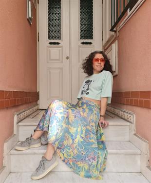 Ebru Desenli Saten Kloş Etek