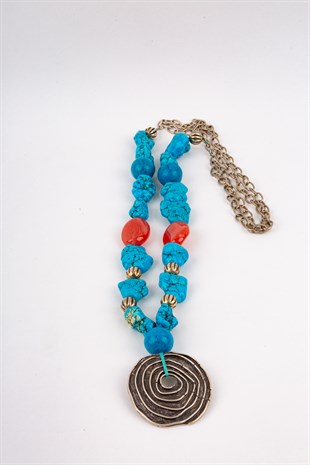 Firuze Turkuaz Taşlı Spiral Kolye 
