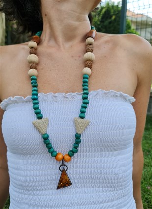 Lav Taşlı Ahşap Mala Kolye