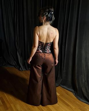 Parıltılı Kumaş Bordo Kadın Yüksek Bel Pantolon