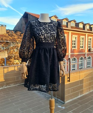 Siyah Desenli Transparan Elbise