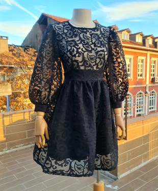 Siyah Desenli Transparan Elbise