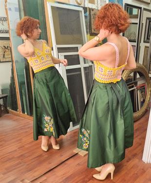 Valeria Yeşil Renk Tafta Çiçek Desenli Kadın Etek