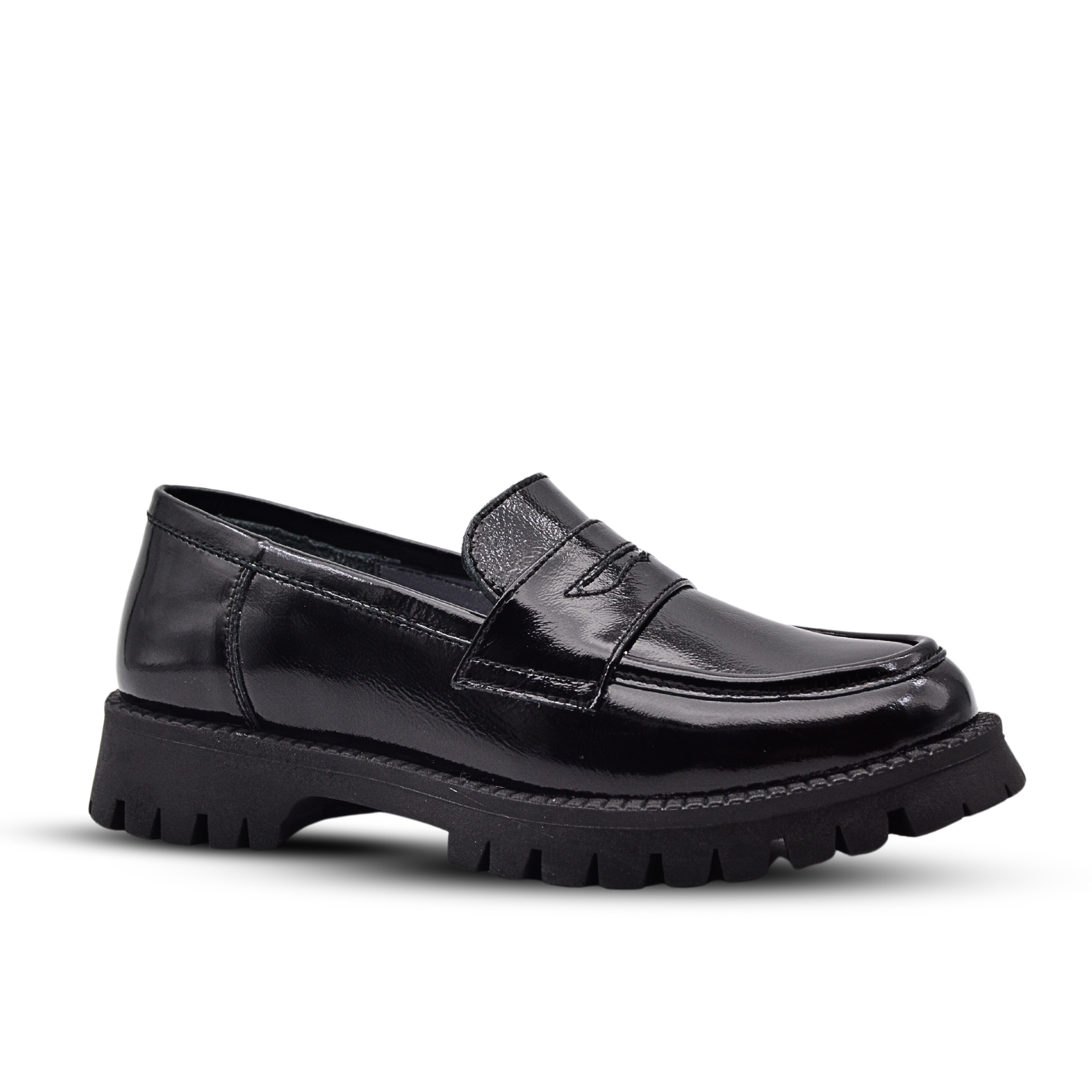 Vintage Hakiki Deri Loafer Kız Çocuk Okul Ayakkabısı Siyah Rugan