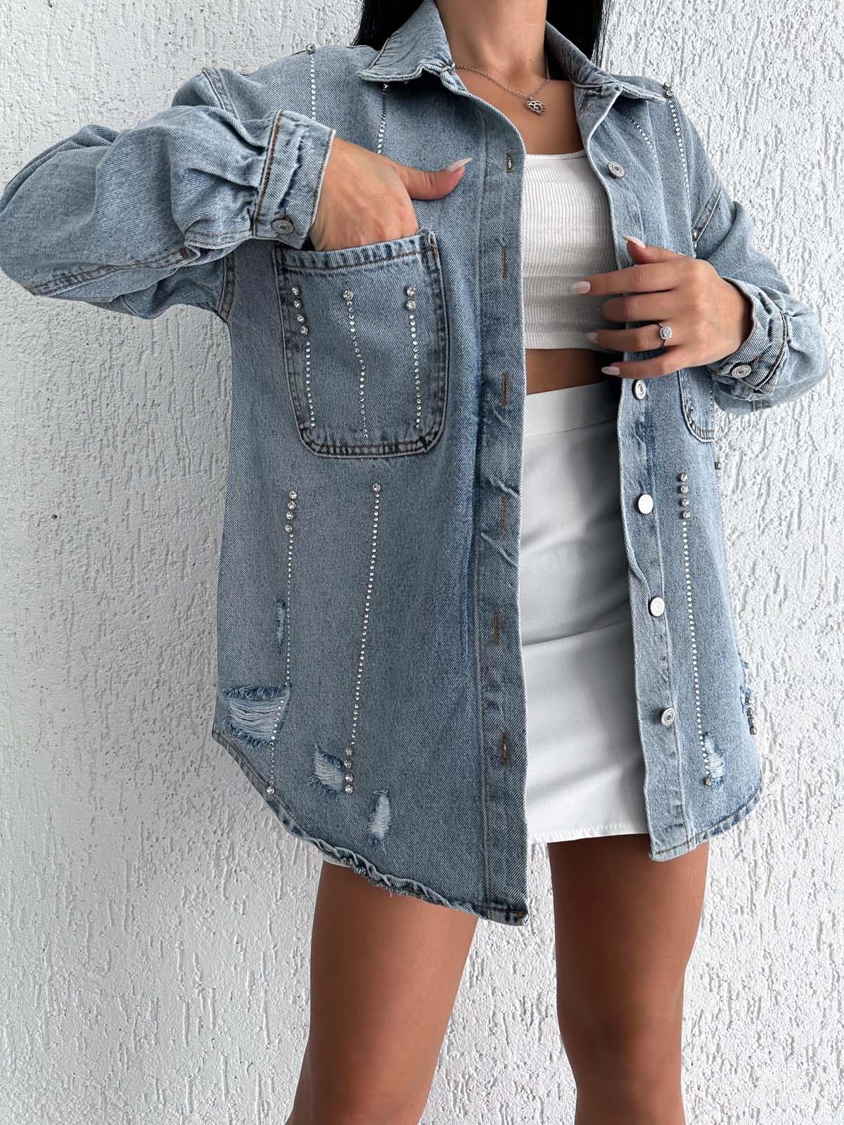   AsuArs design açık cepli taşlı uzun ceket