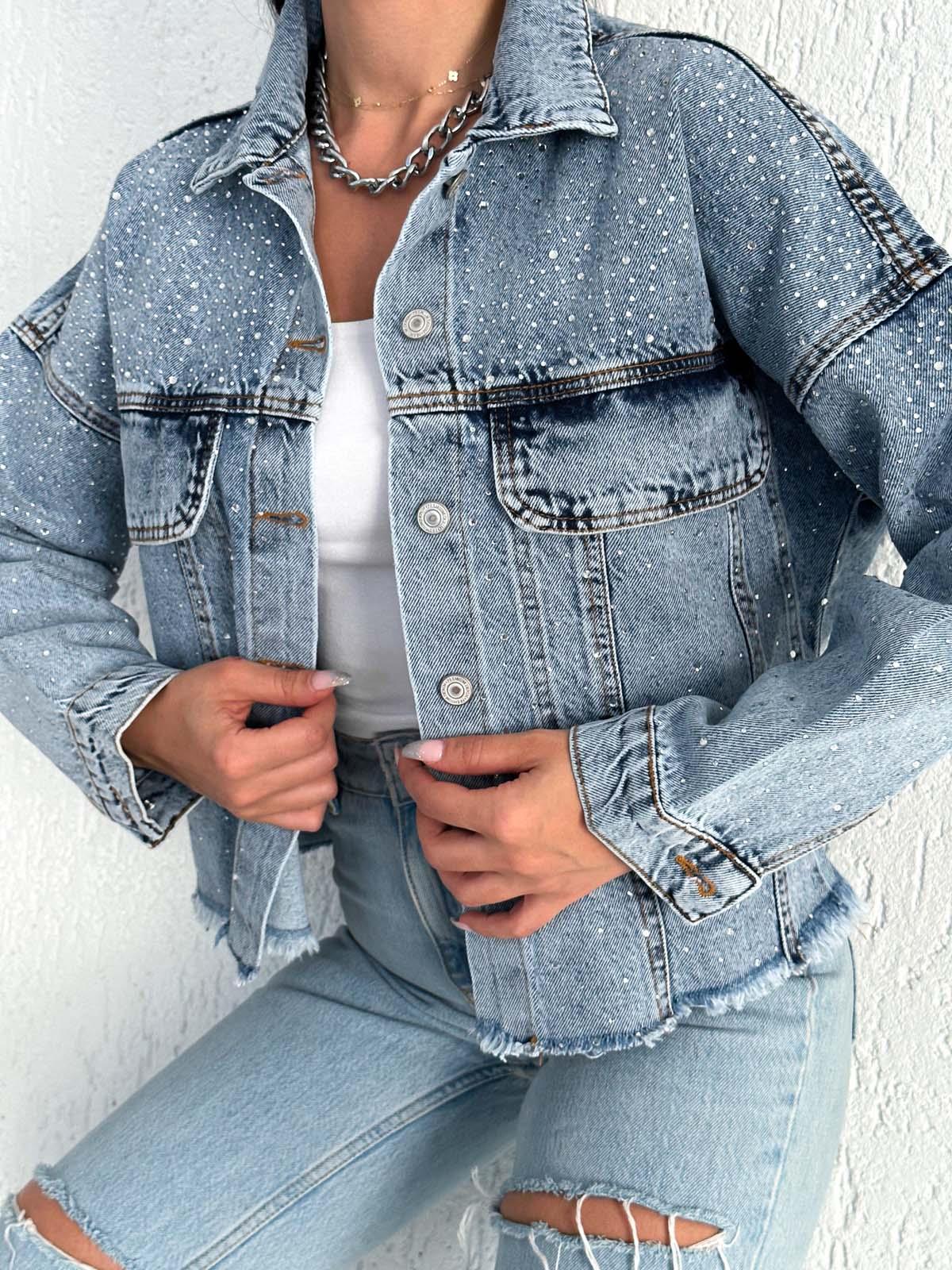   AsuArs design serpme taşlı geniş crop kot ceket