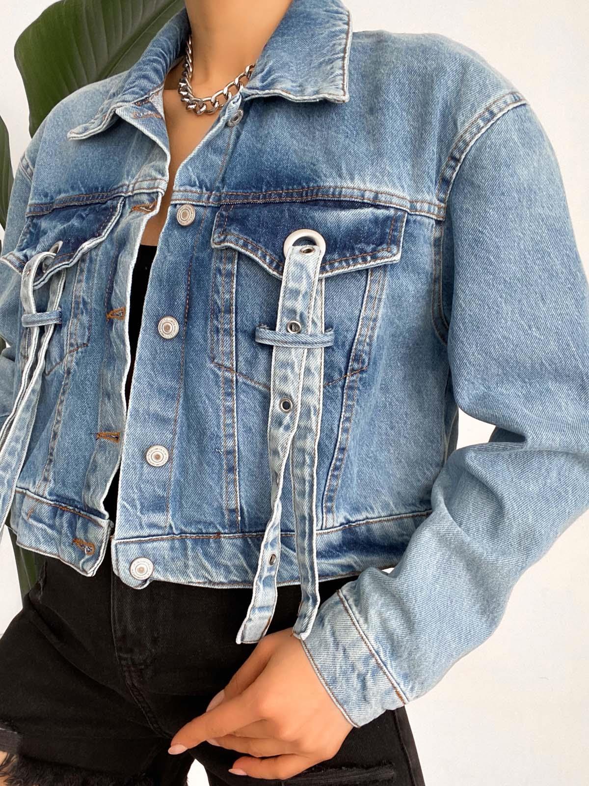  kuşgözü ve şerit detaylı crop kot ceket