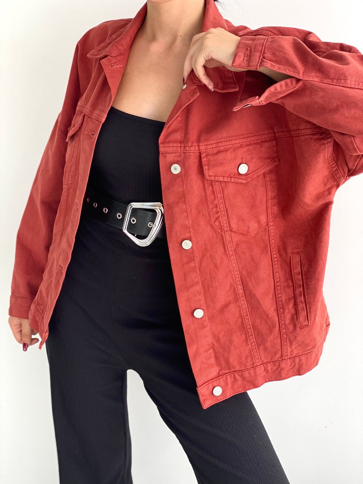 Kiremit rengi yırtmaçlı oversize kot ceket