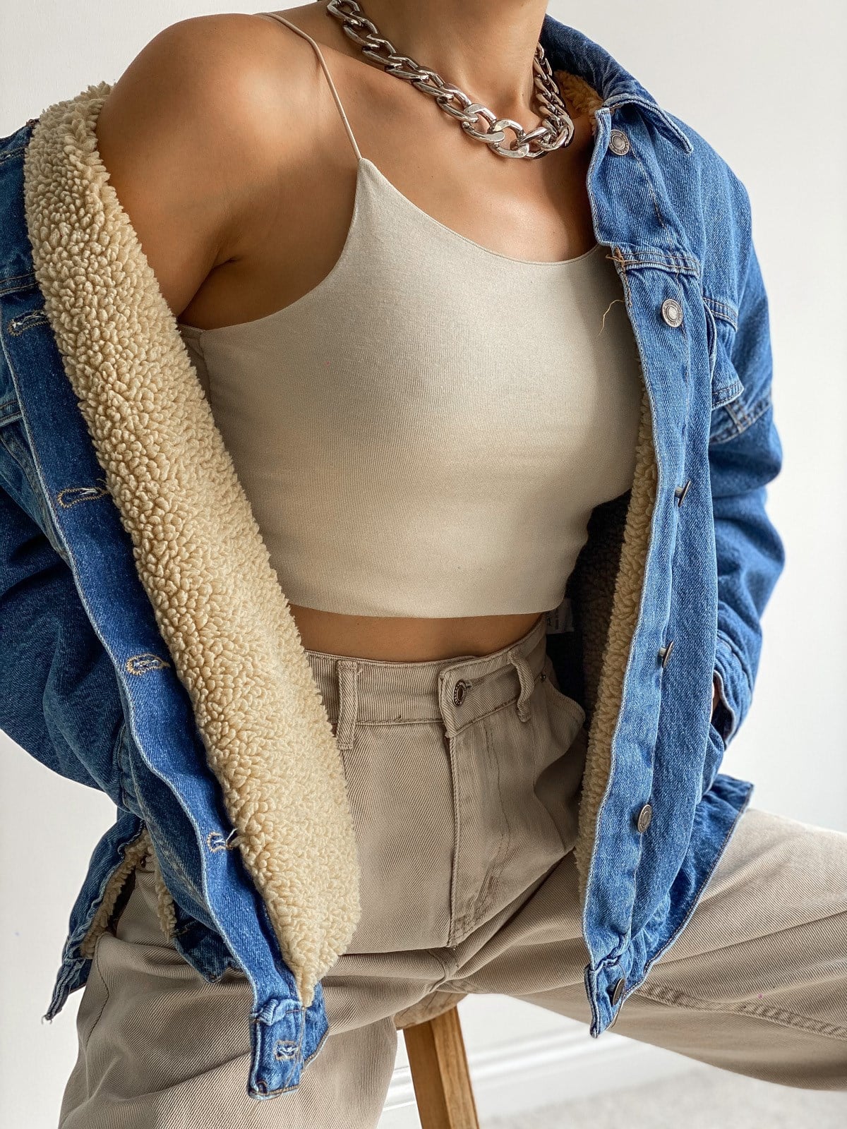 Kürklü Yanı Yırtmaçlı Oversize Kot Mont